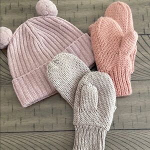H&M Pink and Cream Kids Knit Hat and Mittens, 2T